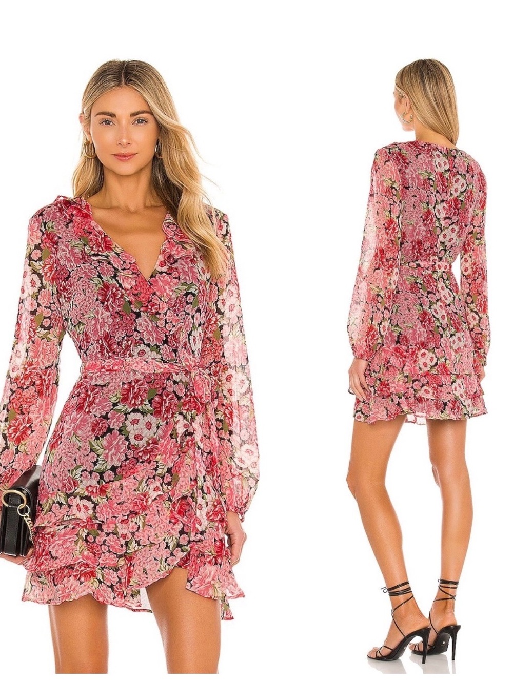 Bardot Floral Triple Frill Wrap Mini Dress Pink Gardenia Long Sleeve 6 NO belt S